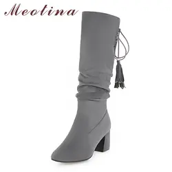 Meotina/зимние женские ботинки до колена с бахромой; толстый каблук бахрома Сапоги-вестерн зашнуровать леди Обувь с высоким голенищем