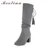 Meotina Winter Women Knee High Boots Fashion Tassel Thick Heels Fringe Western Boots Lace Up Lady Long Shoes Brown Black 34-43