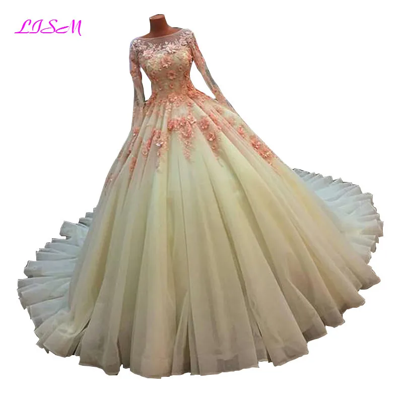 

Luxury Ball Gown Princess Wedding Dress Long Sleeves Lace Appliques Tulle Party Dresses Vintage Long Formal Gowns robe de mariee