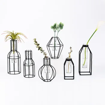 

Nordic Style 3D Glass Iron Art Geometric Vase Ornaments Plant Bonsai Flower Wedding Home Decorate Minimalist Garden Modern Decor