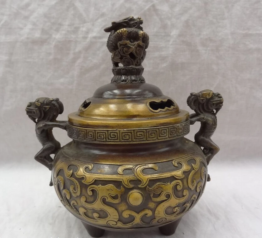 

song voge gem S3858 8" Chinese Bronze Dynasty Unicorn Dragon Statue Buddhism Incense Burner Censer