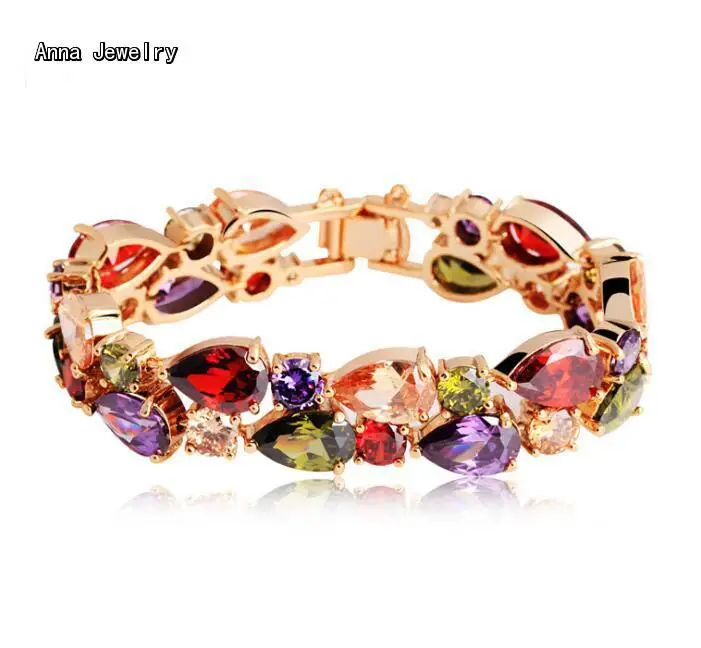 Mulheres Favorita Dazzling Zircons Pulseira Cadeia Pulseira Rosa Cor de Ouro com Pedras Coloridas, Finest Cuff Pulseira Presente Para As Mulheres