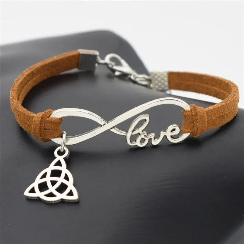 

10 Colors New Vintage Infinity Love Triquetra Symbol Celtics Trinity Knot Charm Triangle Pendant Brown Leather Bracelets Jewelry