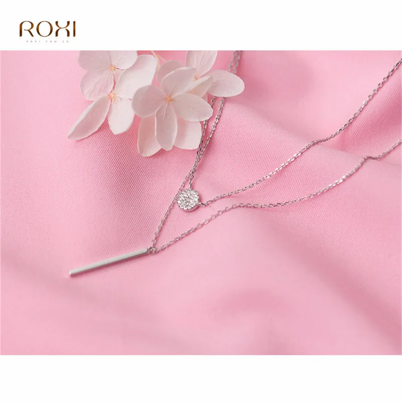 ROXI 925 пробы Серебряное Двухслойное ожерелье из ключицы, круглое CZ циркониевое геометрическое многослойное ожерелье с подвеской на цепочке