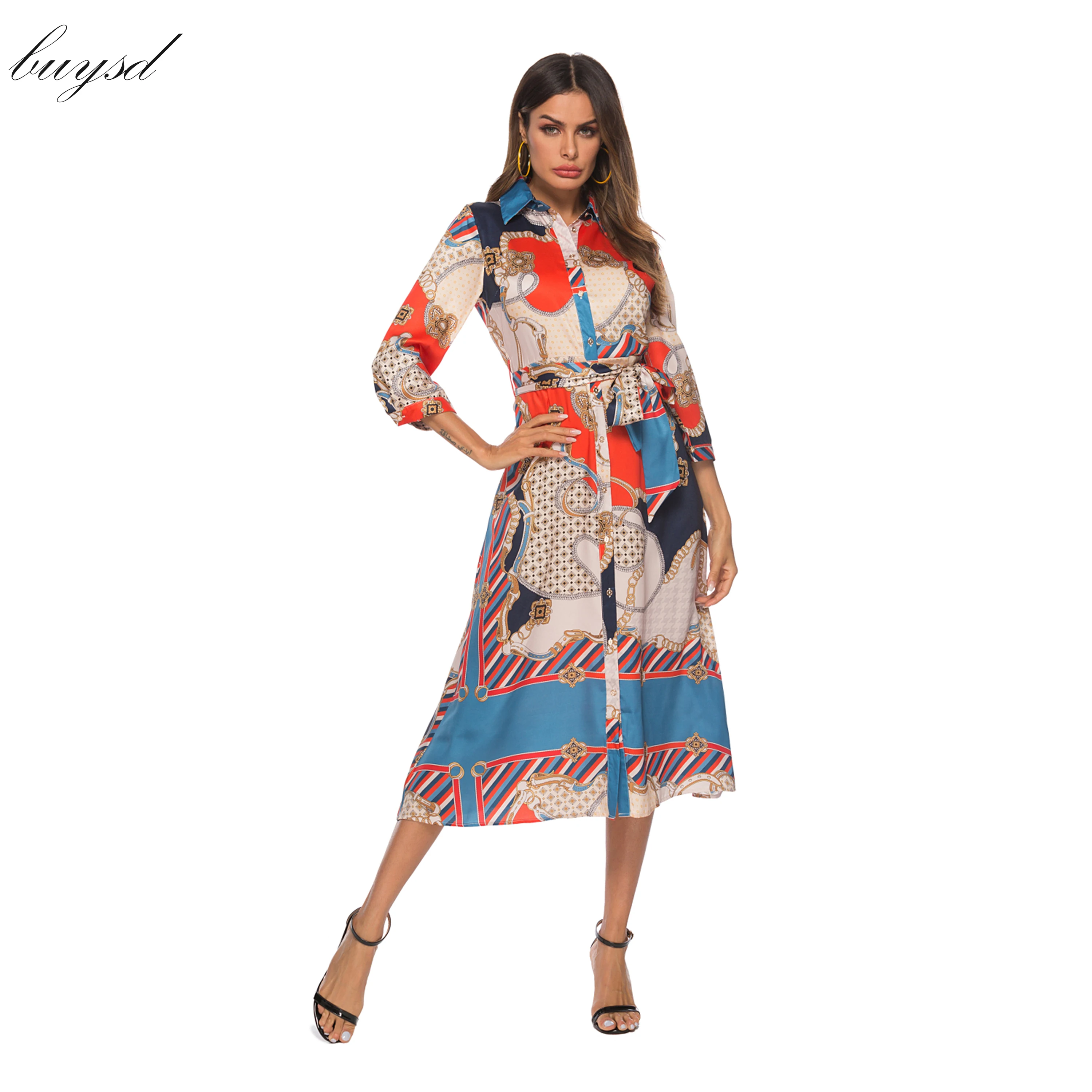 Женское винтажное платье Boho Повседневное на пуговицах с рукавом 3/4 и отложным