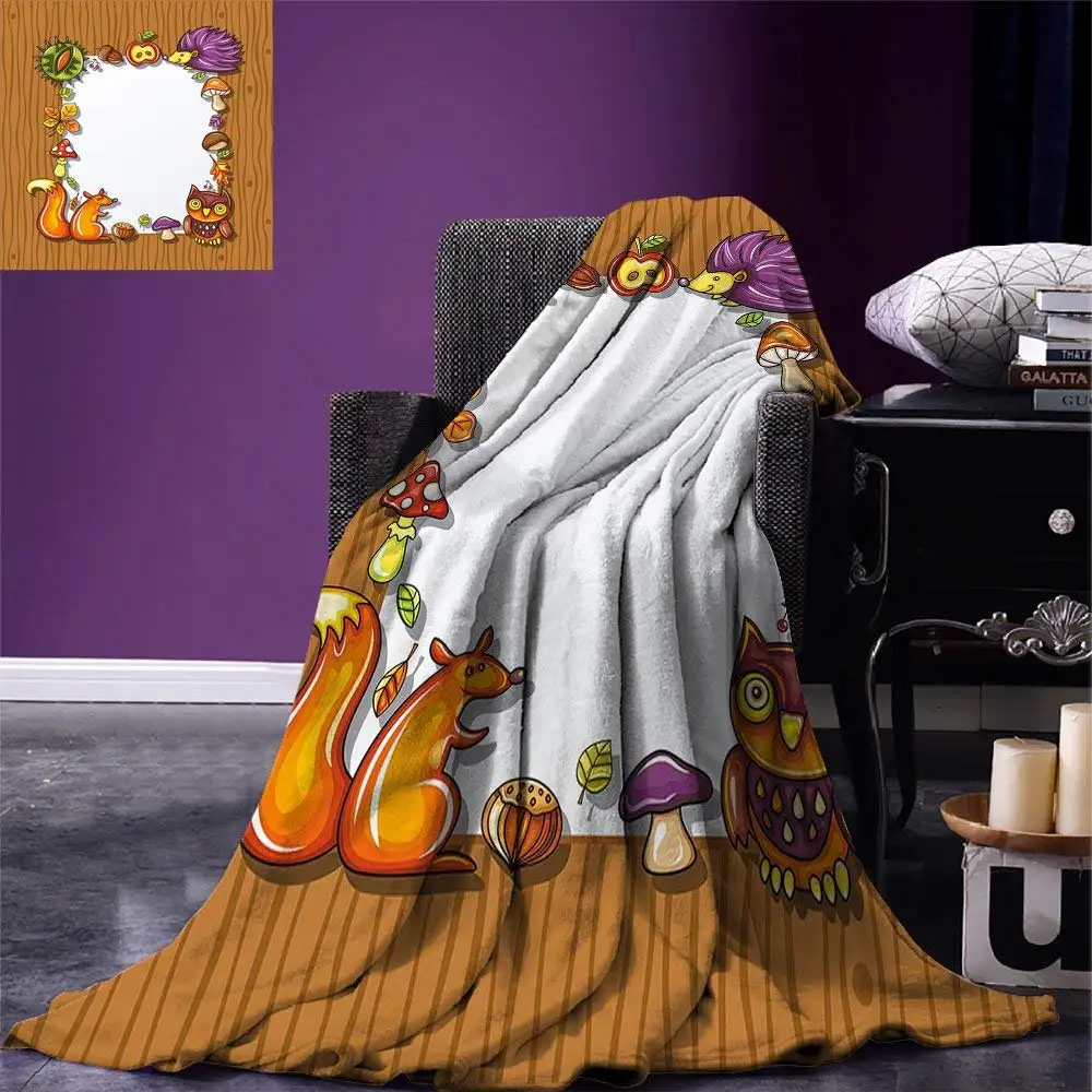 

Kids Thanksgiving Throw Blanket Seasonal Frame with Natural Elements Acorns Hedgehog Squirrel Warm Flannel Blanket for Beds