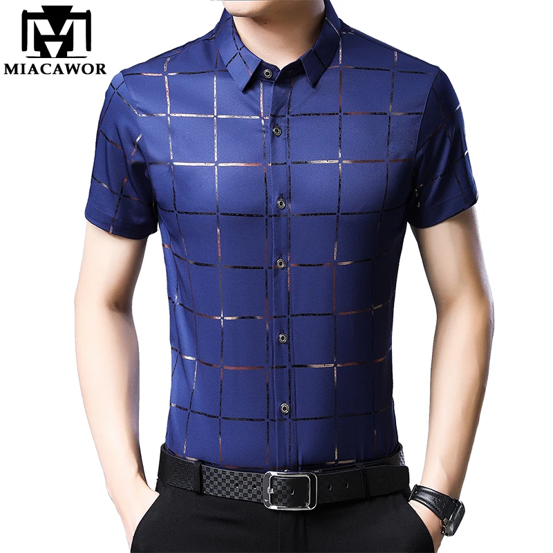 

MIACAWOR Summer Short Sleeve Shirt Men Fashion Plaid Shirts Slim Fit Male Casual Shirts Camisa Masculina Streetwear C510