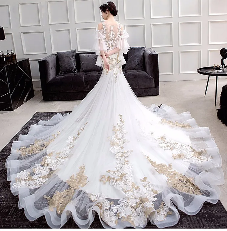 Vestido De Noiva 2018 роскошные золотые кружева русалка свадебное платье Сексуальная See Through вышивка короткий рукав свадебное платье реальное