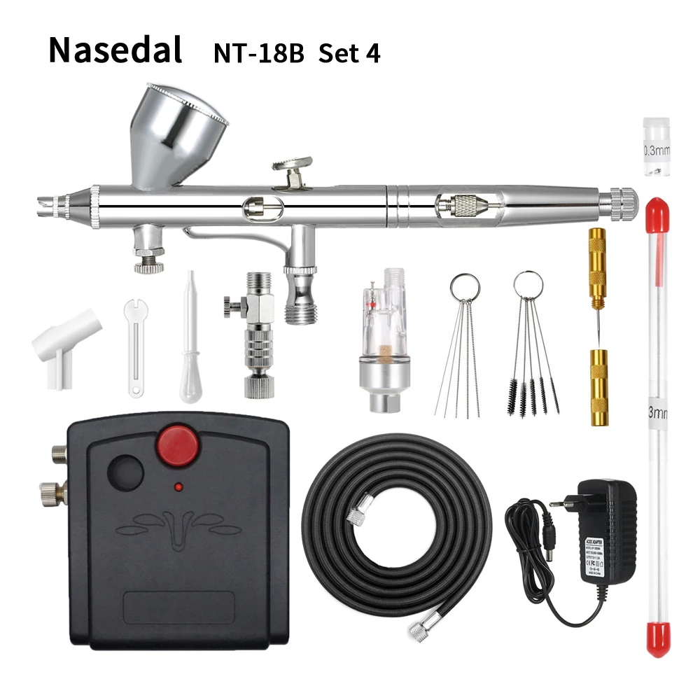 

Nasedal NT-18 Mini Airbrush Compressor Kit Dual-Action Airbrush Spary Paint Gun for Nail Art for Cake Car Painting Makeup Model