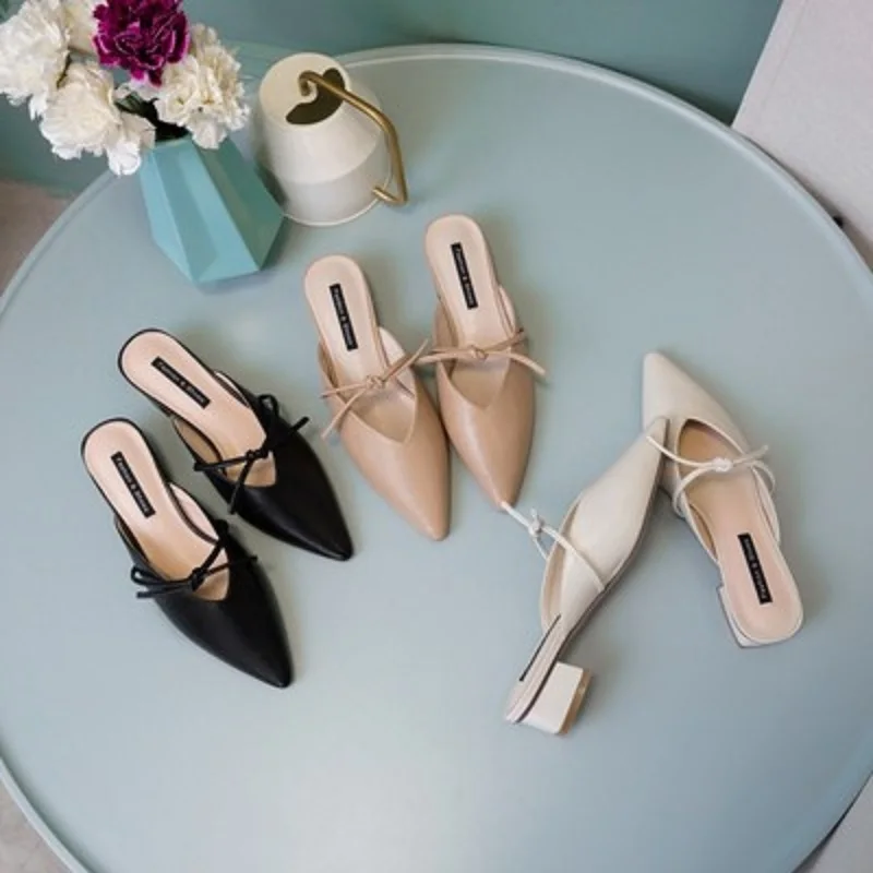 

2019 autumn new leather ladies pointed slippers women's fashion slippers