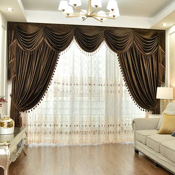 

Custom curtains European high-end living room Jane thick Italian coffee velvet blackout curtain tulle valance drape B468