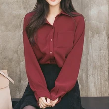 Women Office Chiffon Shirt Long Sleeve Turn-Down Collar Casual Blouse Tops Ladies Solid Single-Breasted White Blusa Feminina