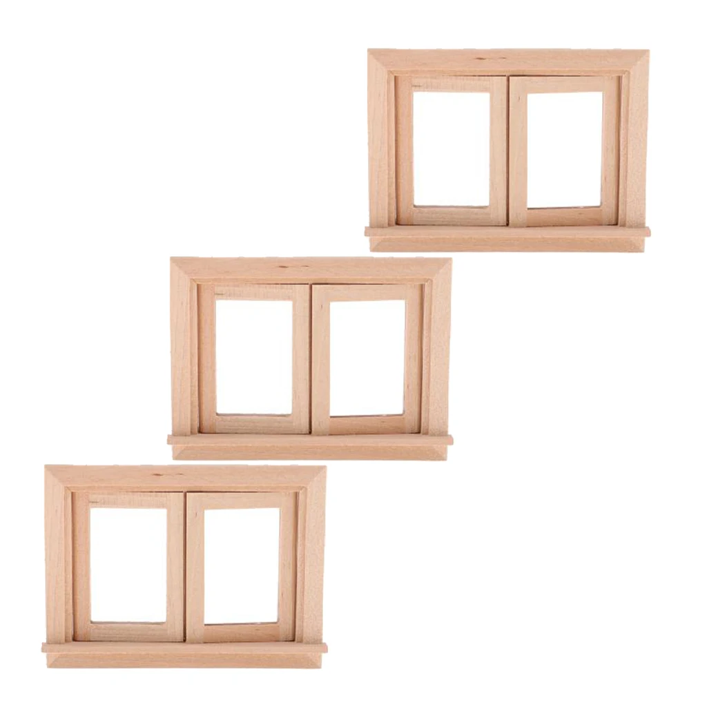 3 Pieces Vintage Style 1/12 Unpainted Wood 2-Pane Window Frame for Dolls House Room Fairy Garden Decor