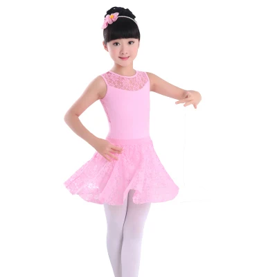 Высококачественное кружевное черное танцевальное трико без рукавов; комплект с кружевной юбкой для девочек; детская танцевальная одежда для балета - Цвет: Pink Set