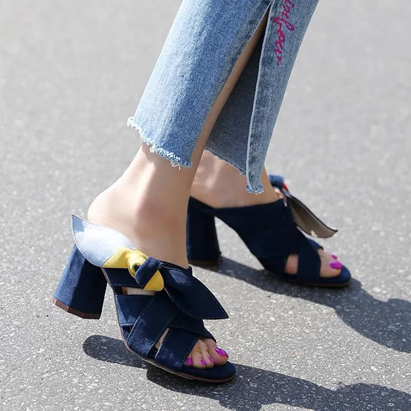 

Fashion dark blue high heel slippers Crude heel outer Wearing Bow small size 33 34 women's shoes Summer sandals obuv Schuhe