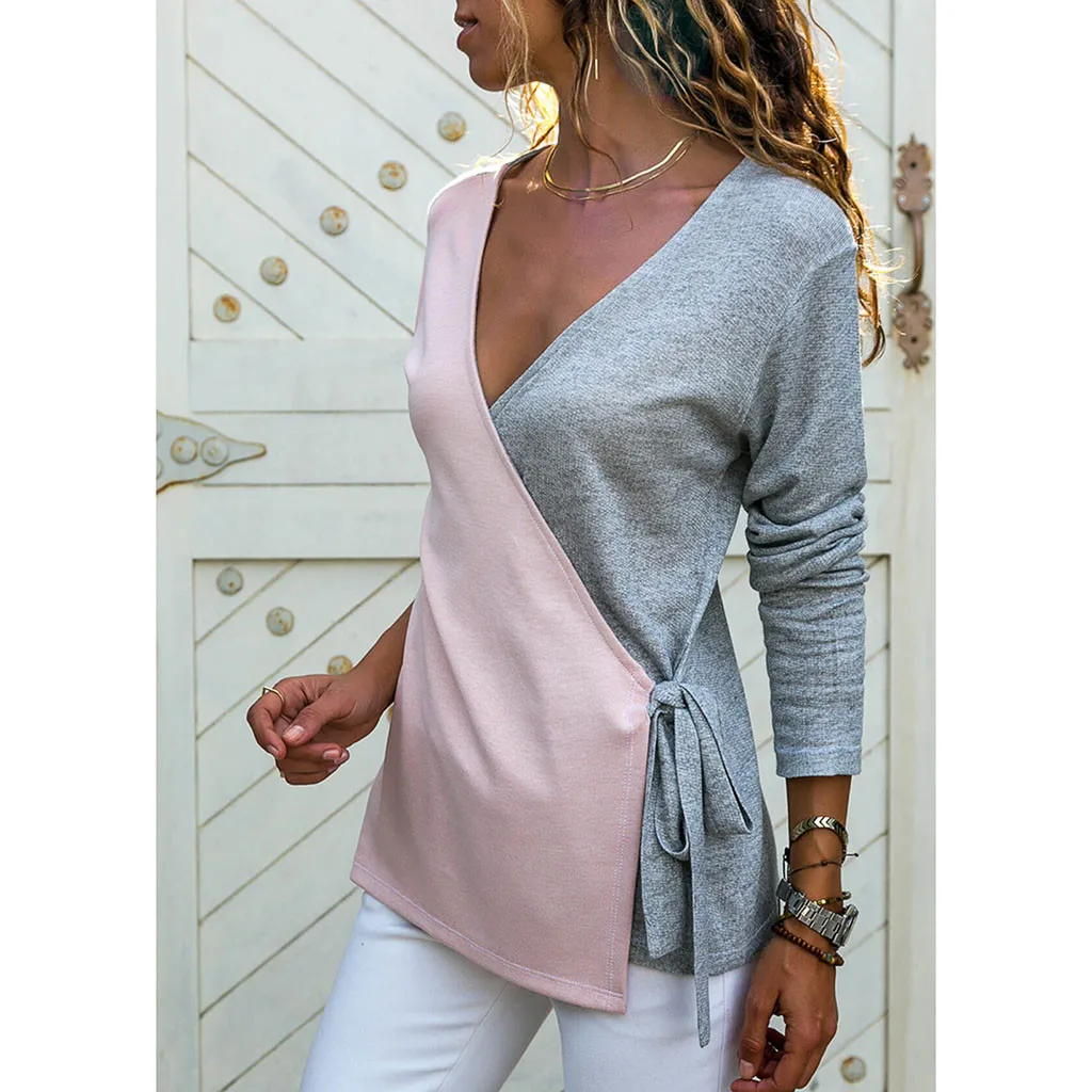 

FREE OSTRICH women's color matching straps long-sleeved T-shirt loose V-neck tops casual fashion shirt plus size sweater