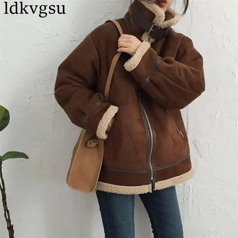 Винтажная Осенняя зимняя женская куртка на молнии с длинным рукавом, Толстая куртка из овечьей шерсти, пальто для женщин, модные парки V162 - Цвет: coffe