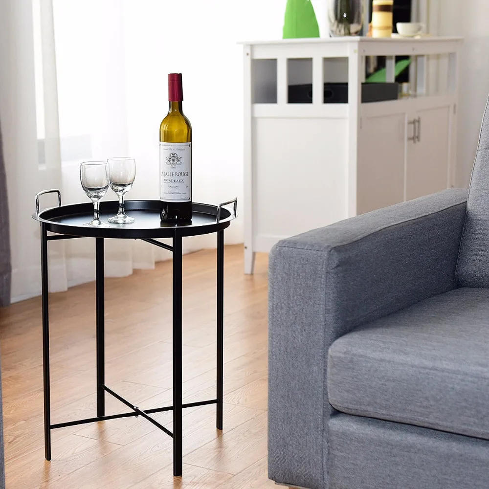 Giantex Metal Tray Table Round End Table Sofa SideTable Living Room Bedroom Black Home Furniture HW58502BK