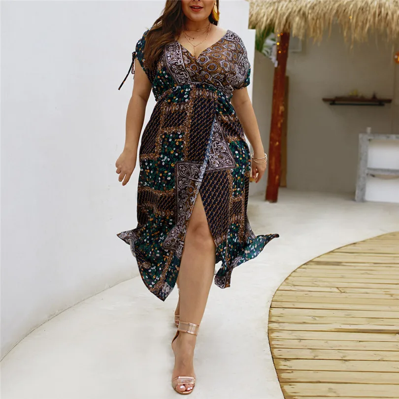 Women Summer Vintage vestidos Dress Sexy Women Flower Beach Party Short Sleeve V-Neck Floral Print Mini dress#4M21 (20)