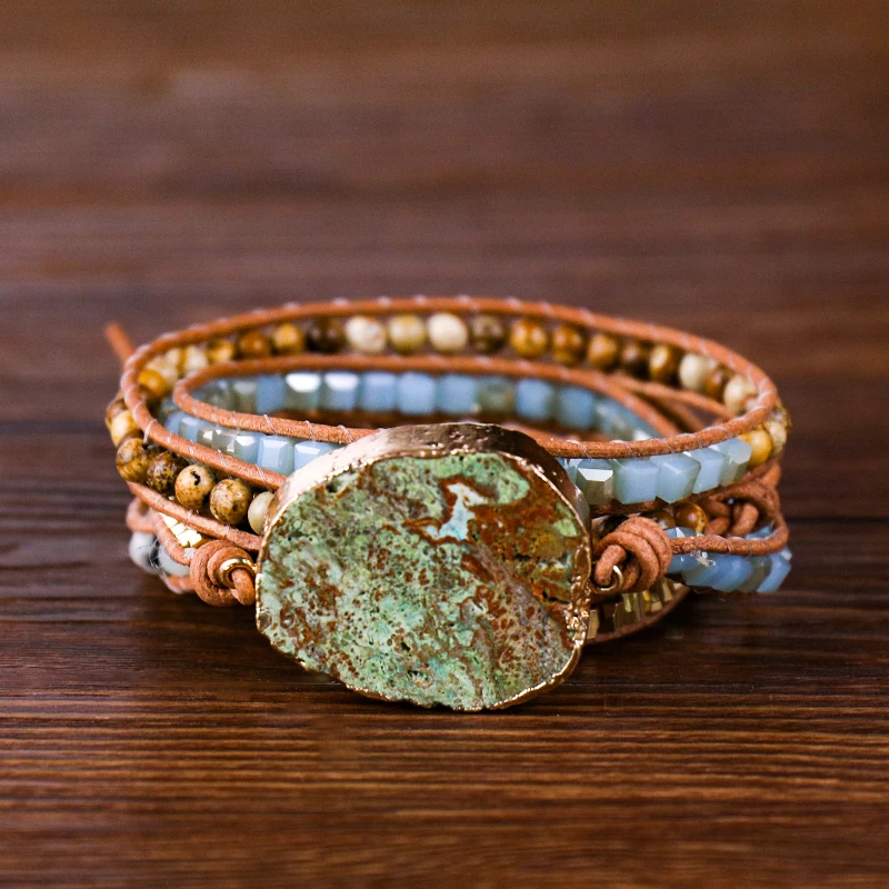 

Natural Stone Leather Bracelet Exquisite Mix Stones Women Fashion 5 Layers Wrap Bracelet Boho Chic Bracelet Jewelry Dropshipping
