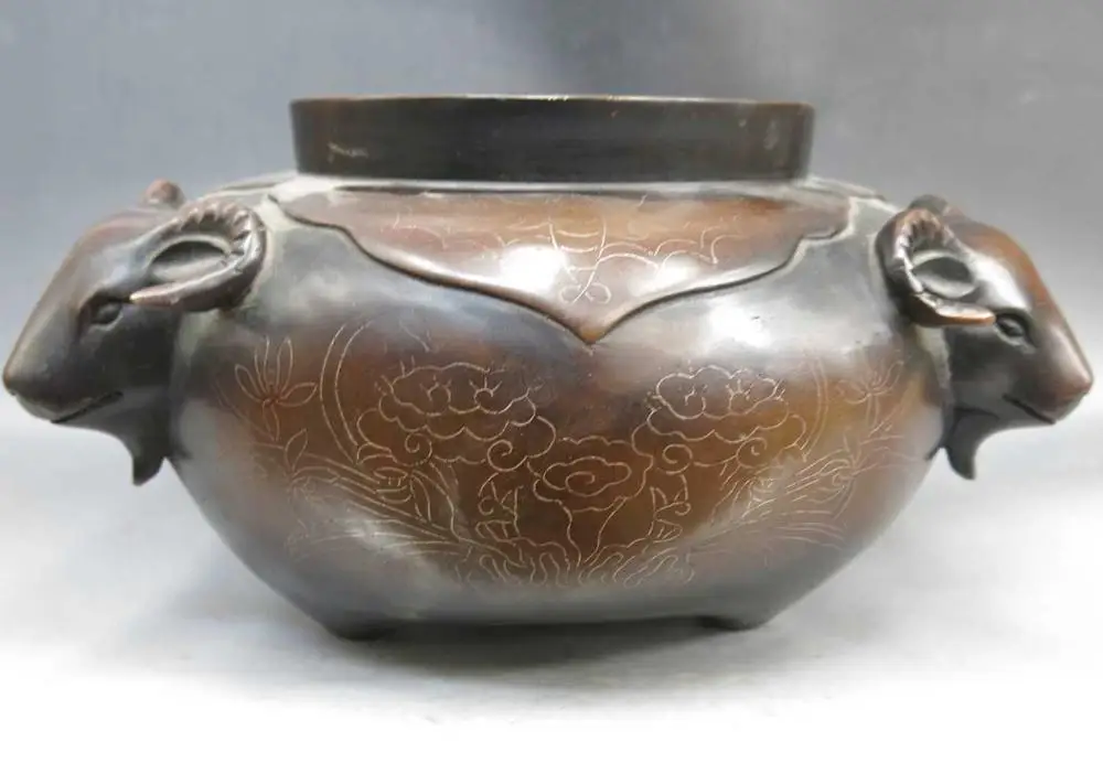 

10" China old pure red copper lucky three Sheep incense burner censer Statue