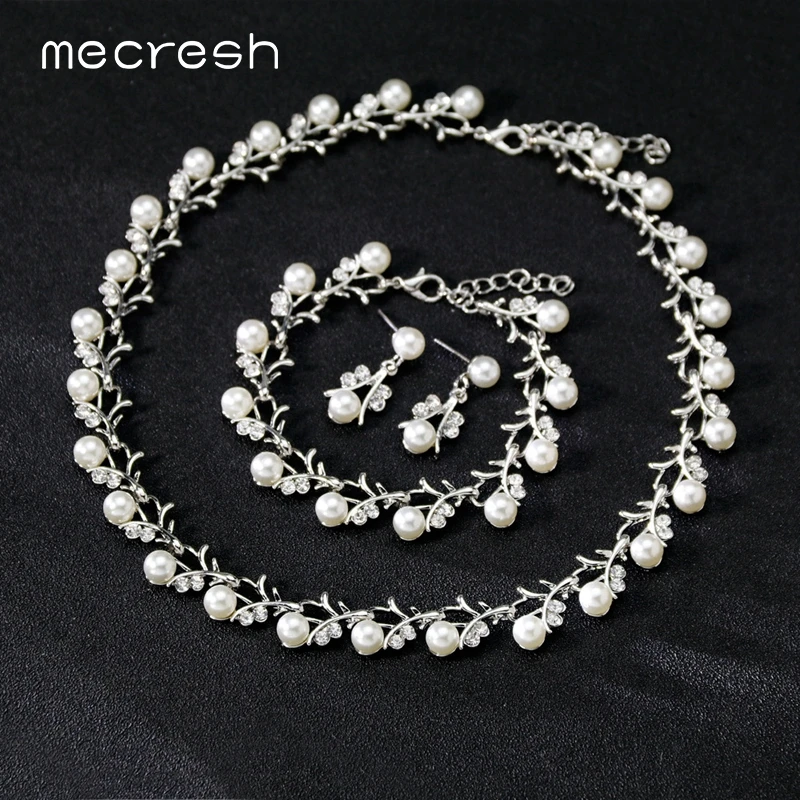 

Mecresh Simulated Pearl Bridal Wedding Jewelry Set Women Silver/Gold Cute Small Branch Necklace Drop Earrings Bracelet Set TL578