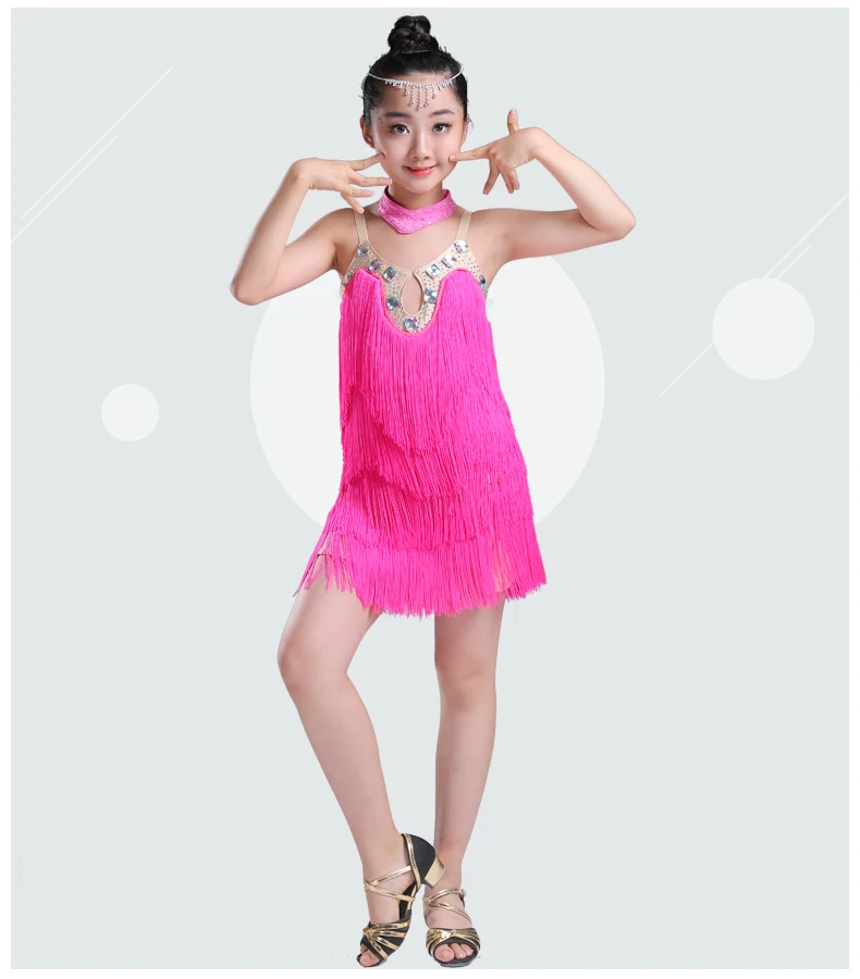 Детское платье из спандекса с кисточками и стразами для самбы, Танго, сальсы, бальных танцев, латинских танцев для девочек, детские платья для сальсы, соревнований - Цвет: hotpink