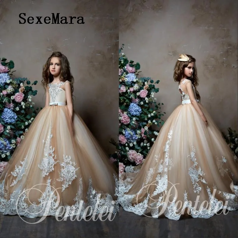 

Luxury Champagne Long Flower Girls Dresses White Lace Beading Girls Pageant Dress Birthday Party Gowns Custom Made