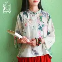 LZJN Original 3/4 Sleeve Floral Blouse 2019 Spring Summer Tops for Women Traditional Chinese Clothing Cheongsam Top Qipao Shirt