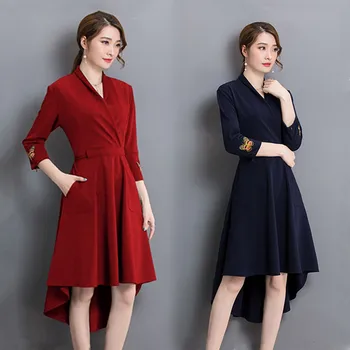 

european fashion woman v neck long dress new women embroidery butterfly dress irregular pleated red blue OL party clothes S-XXL