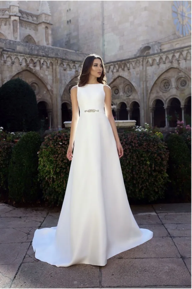 

Vivian's Bridal Simple Summer Reflective Satin Wedding Dress Sexy Back Illusion Mesh Court Train A-line Vintage Bridal Dress