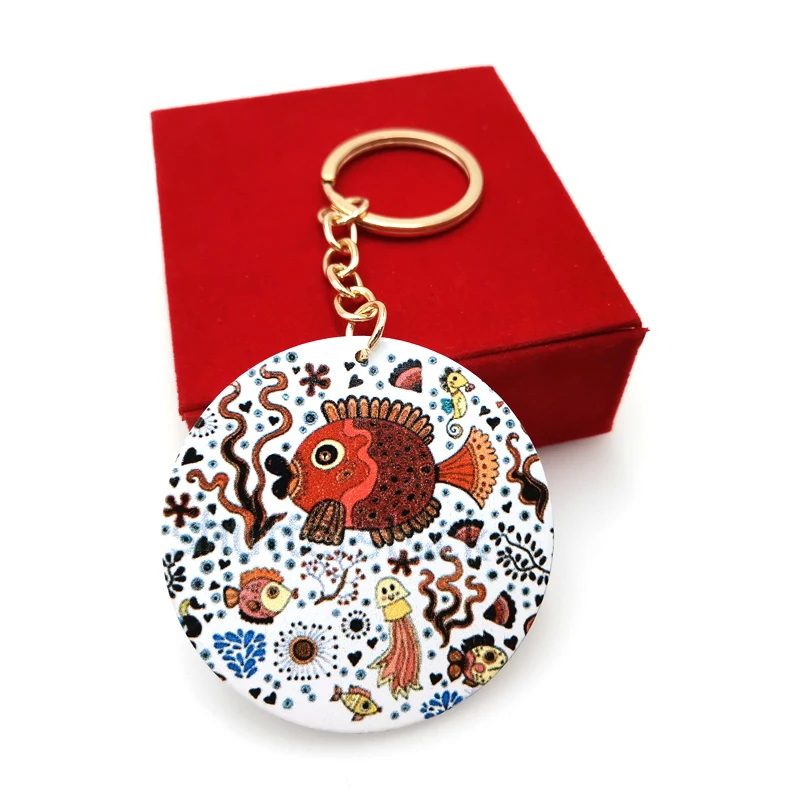 

YD&YDBZ New Cartoon Animal Key Chain Classic Round Wood Keychains Silver And Gold Circle Pendnat Keychain Kwaii Car Accessories