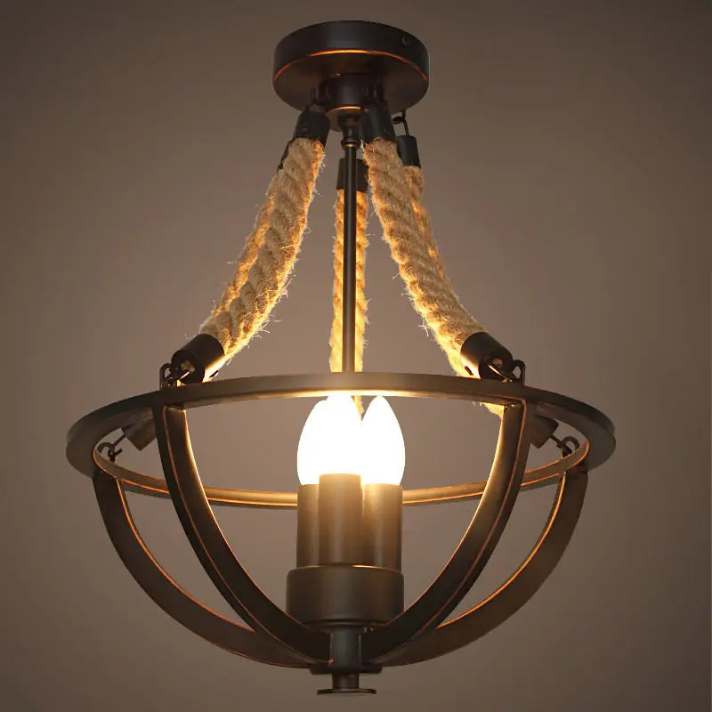 

LED Tradition Pendant Lights Hemp Rope Iron Basket Semi Flush Mount with 3 Candle Lights Pendant Lamp 110-220V Pendant Lamps