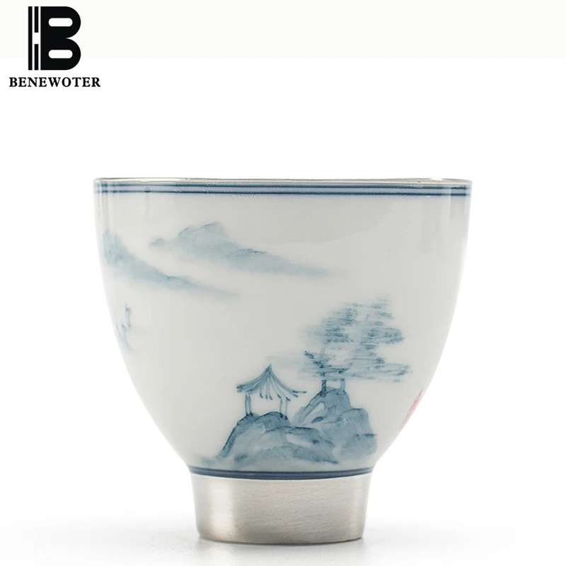 

90ml Handmade Pottery and Porcelain Silver Health Teacup Landscape Painted Kung Fu Tea Set Wine Black Tea Coffee Cup Drinkware