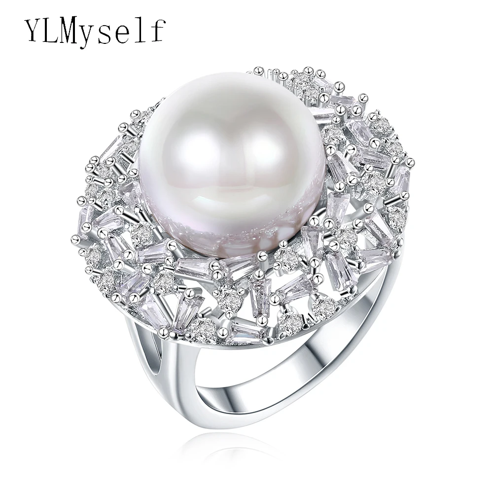 Very nice rings Big luxury ring with white pearl /cubic zirconia aneis