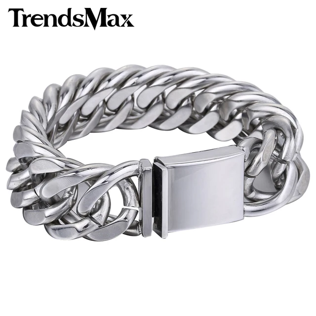 Trendsmax 20mm Heavy Silver Color Cut Curb Link 316l Stainless Steel Trendsmax 20mm Heavy Silver Color Cut Curb Link 316l Stainless Steel Bracelet Mens Chain Boys Fashion