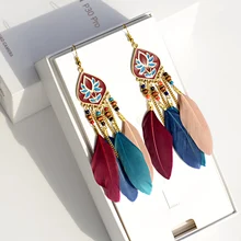 Bohemios étnicos Boho mujeres colorido pluma larga pendientes colgantes encanto Vintage Lotus Metal Tassel declaración tribal pendiente de la India