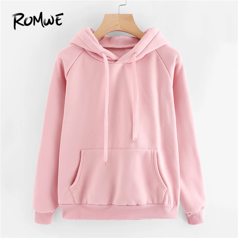 Koop ROMWE Casual Roze Sweatshirt Kangoeroezak Trekkoord Hoodie Truien Fall Vrouwen Kleding Lange Mouwen Leuke Sweatshirts