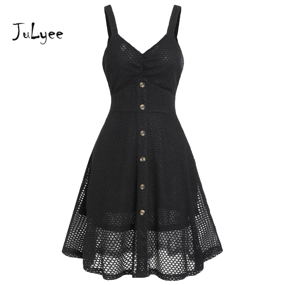 

Julyee Fishnet Buttoned A Line Dress women summer Hollow Out Spaghetti Strap V-Neck sundress clothes solid color Plus size