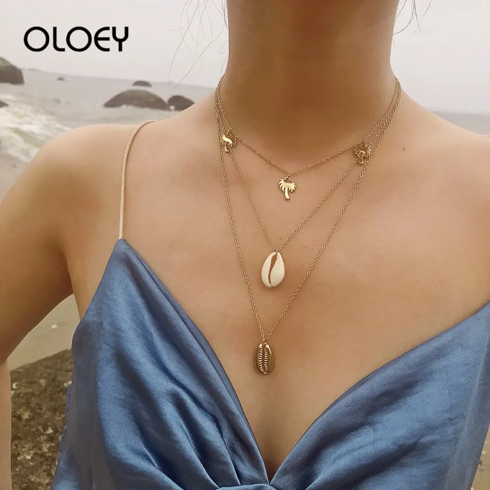 

OLOEY Bohomian Women's Necklace Creative Shell Pendants Multi-Layer Necklaces Fashion Geometric Choker Jewelry Accessories Gifts