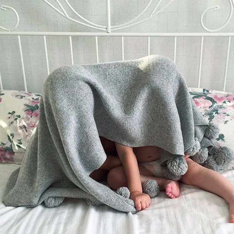 Baby Blankets Fleece Blanket on the Bed Beach Gray Pom Pom Sofa Blanket Baby Children Cute Wool Blanket Infant Newborn 73105 (1)