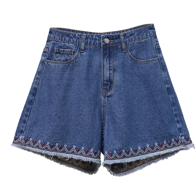 

2019 summer new wind female blue high embroidered waist denim shorts women worn Loose wide leg plus size jeans shorts