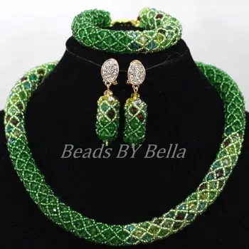

New Women Party Choker Necklace Bridal Jewelry Sets Green Seed Beads Crystal Nigerian Beaded Necklaces Sets Free Shipping ABK246