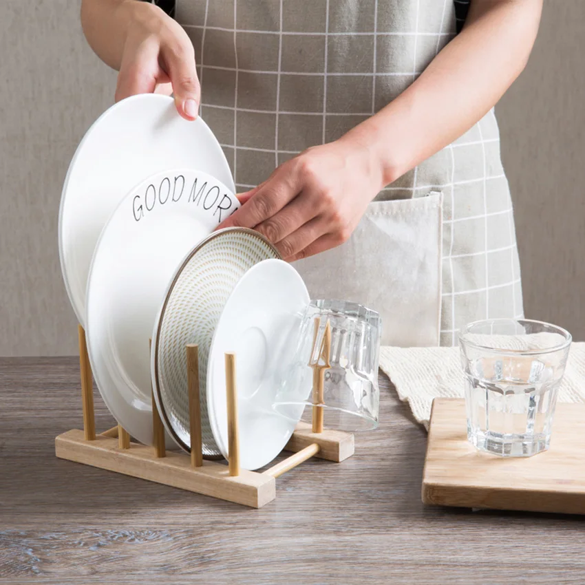 

Bamboo Drainer Plate Bowl Storage Rack Tool Natural Wood Dish Drying Rack Flatware Holder Organizer Kitchen Accessories