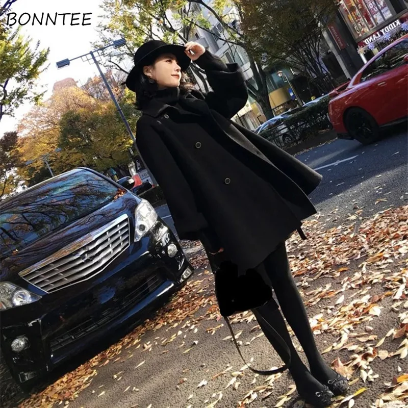 

Blends Women Autumn Winter New Elegant Wool Coat Double Breasted Trendy Korean Style All-match Casual Womens Thickening Outwear