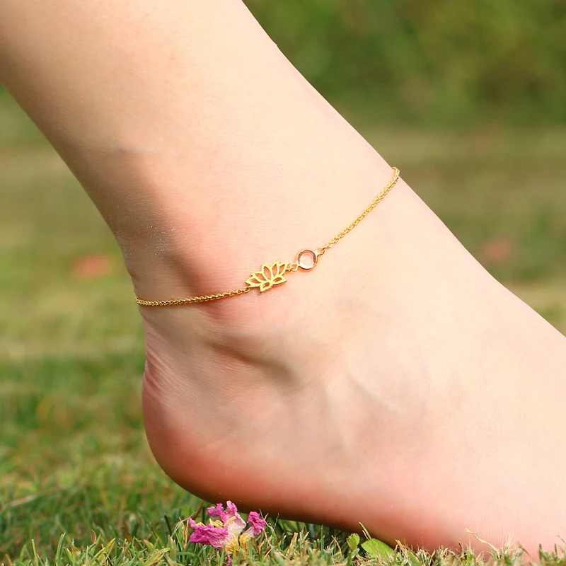 3UM Lotus Flower Anklet Custom Personalized 12 Month Birthstone Charm Sandals Beach Barefoot Summer Yoga Birthday Gift | Украшения и