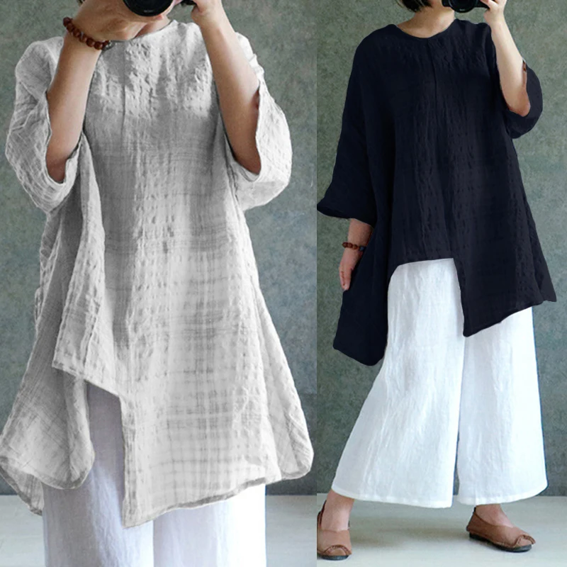 

ZANZEA Women Linen Blouse 2019 Summer Autumn Plus Size Tops Long Sleeve Plaid Shirts Oversized Baggy Casual Vintage Blusa 5XL