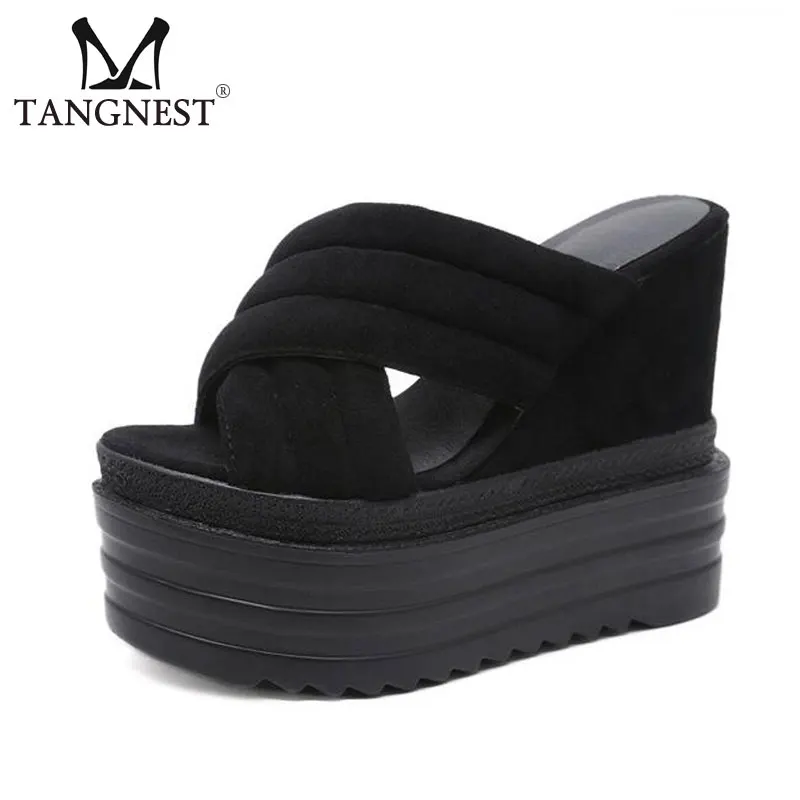 

Tangnest NEW Summer Supper High Sandals For Women Suede Leather 13 CM Height Increasing Shoes Black Platform Slippers XWT1373