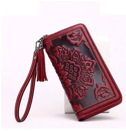 Известный бренд наивысшего качества дермис женская сумка Длинный кошелек ретро бумажник с тиснением большая емкость сумка с браслетом - Цвет: Red wine