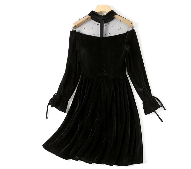 Весенне-осенние женские платья Повседневное платье с длинным рукавом черное винтажное бархатное платье с открытыми плечами C103